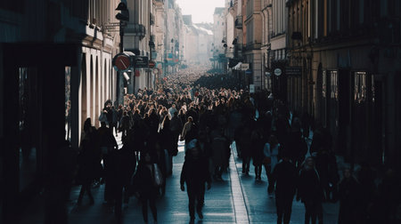 Generative AI, anonymous pedestrians on a city streetの素材