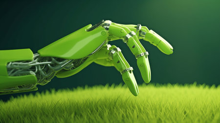 Generative AI, a robotic hand, and a human arm wrapped in luxuriant vegetation are examples of green technology.の素材