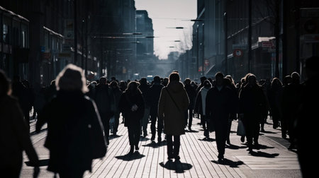 Generative AI, anonymous pedestrians on a city streetの素材