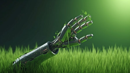 Generative AI, a robotic hand, and a human arm wrapped in luxuriant vegetation are examples of green technology.の素材