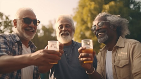 a group of older citizens enjoying beers in the park. Generative AI, Outdoor Activities, and Old Multiethnic Friendsの素材