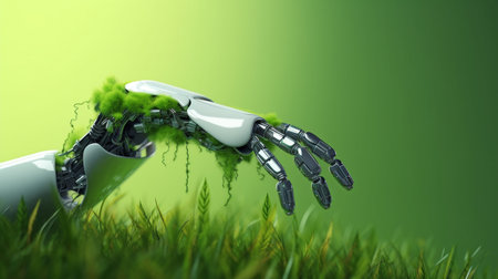 Generative AI, a robotic hand, and a human arm wrapped in luxuriant vegetation are examples of green technology.の素材