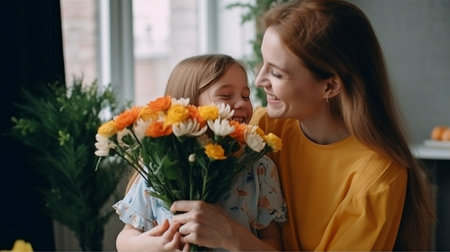 Generative AI shows a daughter giving her mother flowers.の素材