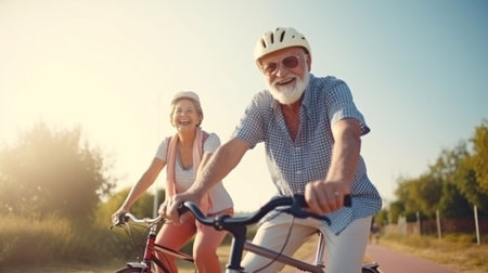 Generative AI is used by a young, joyful elderly couple to enjoy outdoor recreation.の素材