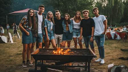Generative AI group image of teenagers enjoying a picnic grouped around the grillの素材