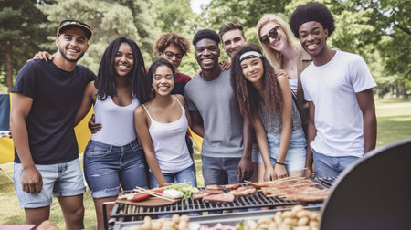 Generative AI group image of teenagers enjoying a picnic grouped around the grillの素材