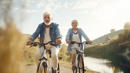 Generative AI is used by a young, joyful elderly couple to enjoy outdoor recreation.の素材