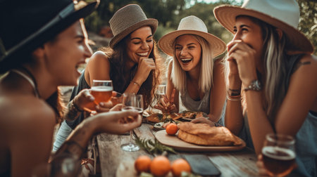 Around the table in a summer diner, happy friends are giggling and grinning broadly.の素材