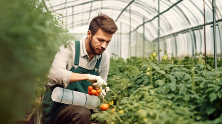 Generative AI and a man gardening in a greenhouseの素材