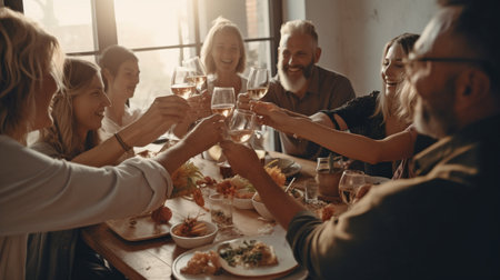 Stylish diners cheering and enjoying themselves during a daytime dinner party, surrounded by Generative AIの素材
