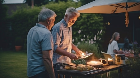 Two older men prepare a BBQ for friends who are seated at a table in the yard on a summer evening using Generative AI.の素材