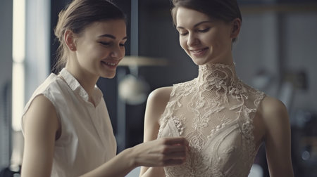 Generative AI used by a female fashion designer to make clothing adjustments on a mannequinの素材