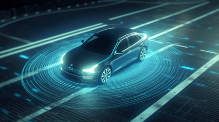 Concept of an autonomous automobile sensor system for driverless vehicle control safety. Future adaptive cruise control will use generative AI to detect surrounding vehicles and pedestrians.の素材