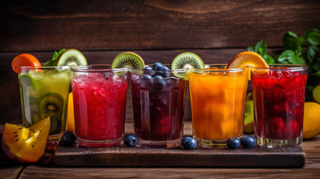 Generative AI, five different fresh iced fruit drinks on a wooden backgroundの素材