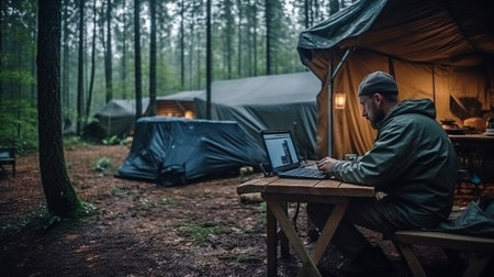 at a picturesque woodland, a man uses a laptop at a tent for tourists. Generative AIの素材