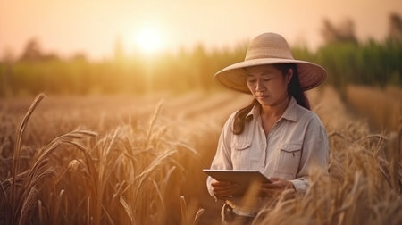 farming technology To investigate agriculture and Generative AI, a farmer lady is clutching a tablet computer.の素材