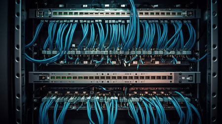 Internet connections and wires connected to ports may be seen in the vertical server cabinet background image created using generative AI.の素材