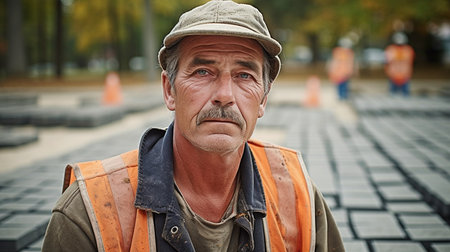 Laying Paving Stones in a Walkway by a Construction Worker, Portrait, Generative AIの素材
