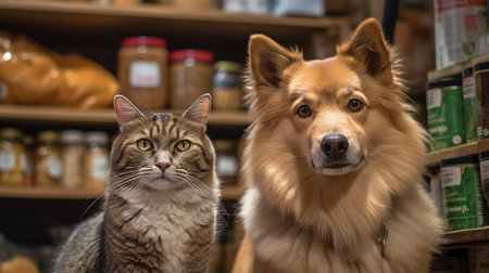 In front of the food shelves in a pet store, a cat and dog are watching the camera using Generative AI.の素材