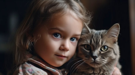 Photo pour Generative AI portrait of a young, adorable youngster who is kind to cats and beams with joy. - image libre de droit