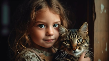 Generative AI portrait of a young, adorable youngster who is kind to cats and beams with joy.の素材