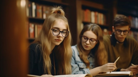 Happy young individuals in a library studying together in a portrait. Generative AI, Education, and Teenage Conceptの素材