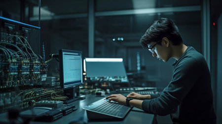 An engineer for robotic process automation uses a laptop for generative AI in smart factories.の素材
