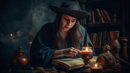 Generative AI, witch with magic book and cauldron making poison or love potionの素材