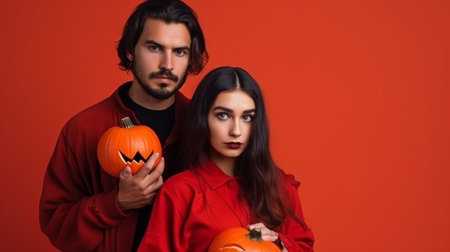 Generative AI Halloween concept with a youthful couple on a red backdropの素材