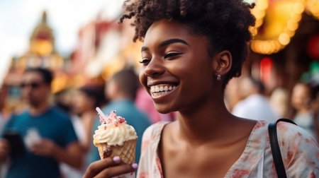 Generative AI, attractive young black woman enjoying ice cream at a theme parkの素材