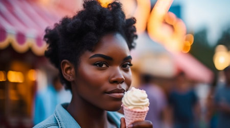 Generative AI, attractive young black woman enjoying ice cream at a theme parkの素材