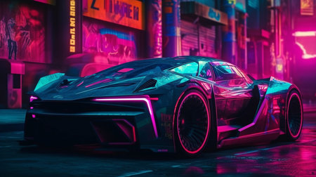 Generative AI, a futuristic sports automobile in a neon city, and a cyberpunk notionの素材