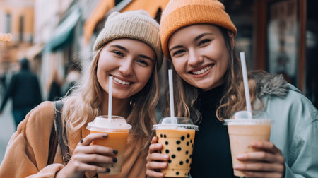 Generative AI, joyful women, and traditional bubble teaの素材