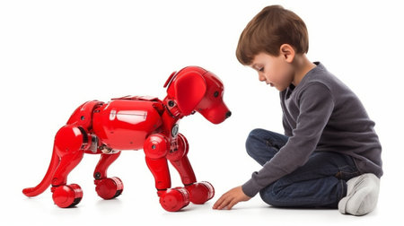 Generative AI, Isolated on a White Background, Red Robot Dog Playing a Happy Boyの素材