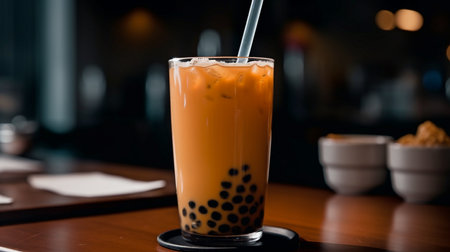 Generative AI This is the traditional bubble tea, produced with black tea and milk. It can be sweetened with sugar or flavored syrups.の素材