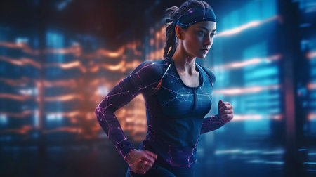 Generative AI, a young woman running in sportswear on a virtual screen backgroundの素材