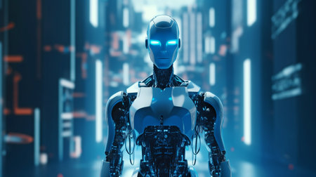 Generative AI robot on a futuristic blue metaverse background.の素材