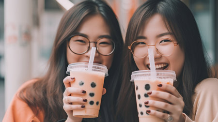 Generative AI, joyful women, and traditional bubble teaの素材