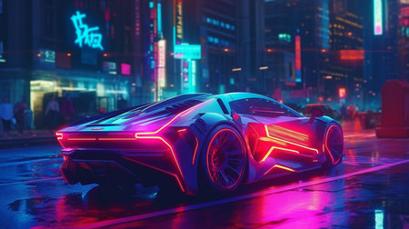 Generative AI, a futuristic sports automobile in a neon city, and a cyberpunk notionの素材