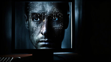 Generative AI, a human face disappearing from a computer screenの素材