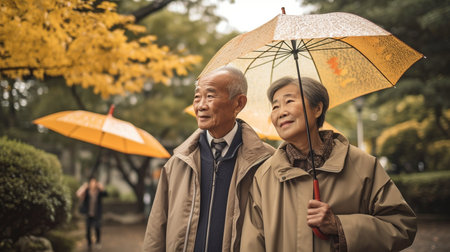 Generative AI, a happy senior Japanese couple strolling in a park with umbrellasの素材