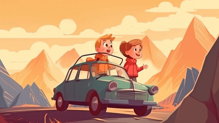 Generative AI shows a joyful young boy and girl driving through the mountains.の素材