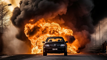 Generative AI, fiery explosion, and heavy black smoke in a parking lotの素材