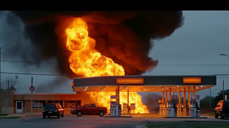 Generative AI, fiery explosion, and heavy black smoke over a gas stationの素材