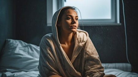 Woman in bed after showering, Generative AIの素材