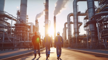 workers in the petrochemical sector, the oil and gas industry, and the oil and gas extraction. Generative AI is used in a production facility for refineries.の素材