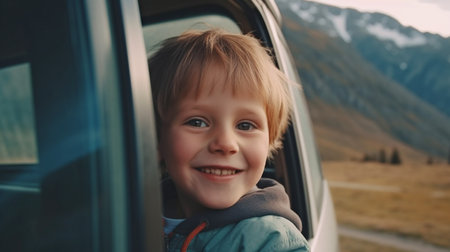 Generative AI, joyful young boy driving over the highlandsの素材