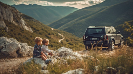 Generative AI shows a joyful young boy and girl driving through the mountains.の素材