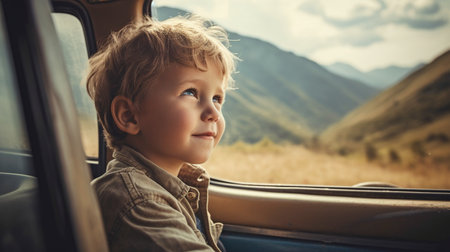 Generative AI, joyful young boy driving over the highlandsの素材