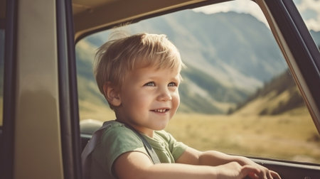 Generative AI, joyful young boy driving over the highlandsの素材
